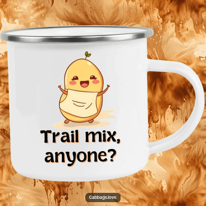 Funny camping mug with a cheerful potato in an apron rolling down a slope, a durable and humorous drinkware for campers.