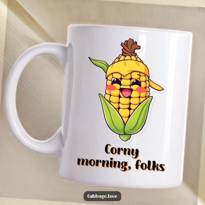 Funny mug featuring a happy corn cob character with a yellow bandana, grinning widely, a cheerful veggie character gift.