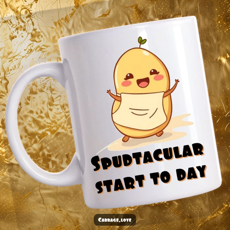 Funny mug featuring a cheerful potato wearing an apron, joyfully rolling down a gentle slope, a humorous veggie character gift.
