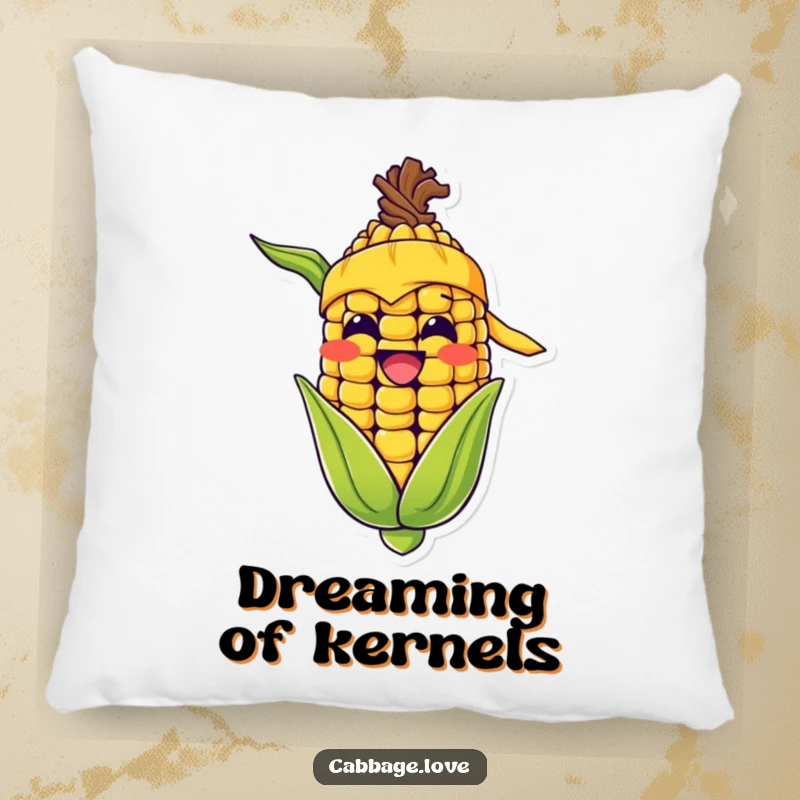 Funny pillow featuring a happy corn cob character, yellow bandana, and wide grin, offering humorous comfort and decor.