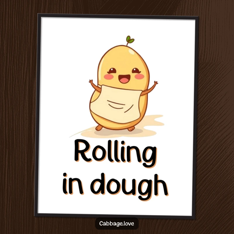 Funny digital art print of a cheerful potato in an apron rolling down a slope, offering instant humorous decoration.