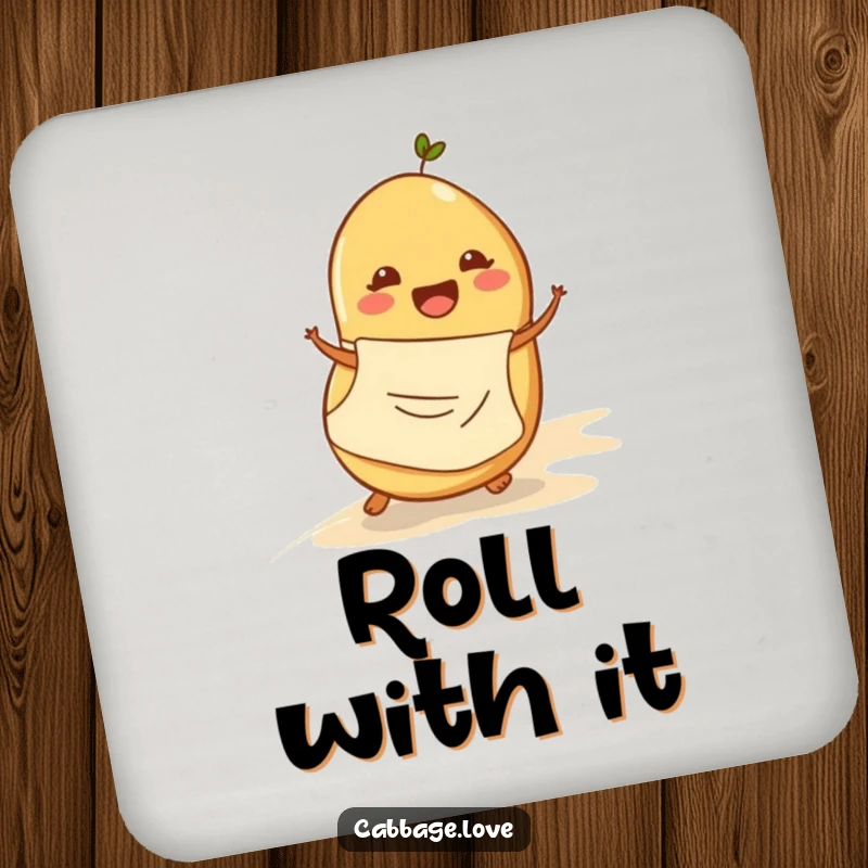 Funny drink coaster with a happy potato in an apron rolling down a slope, protecting surfaces with a humorous design.