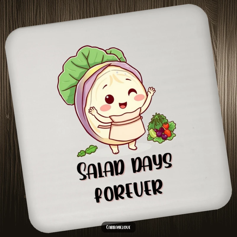 Funny drink coaster of a round cabbage character wearing an apron, happily tossing a salad.