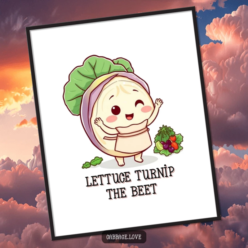 Funny poster of a round cabbage character in an apron, happily tossing a salad.