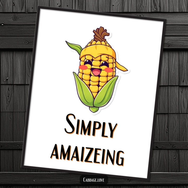 Funny poster art of a happy corn cob character with a yellow bandana, grinning widely, adding cheerful veggie vibes.