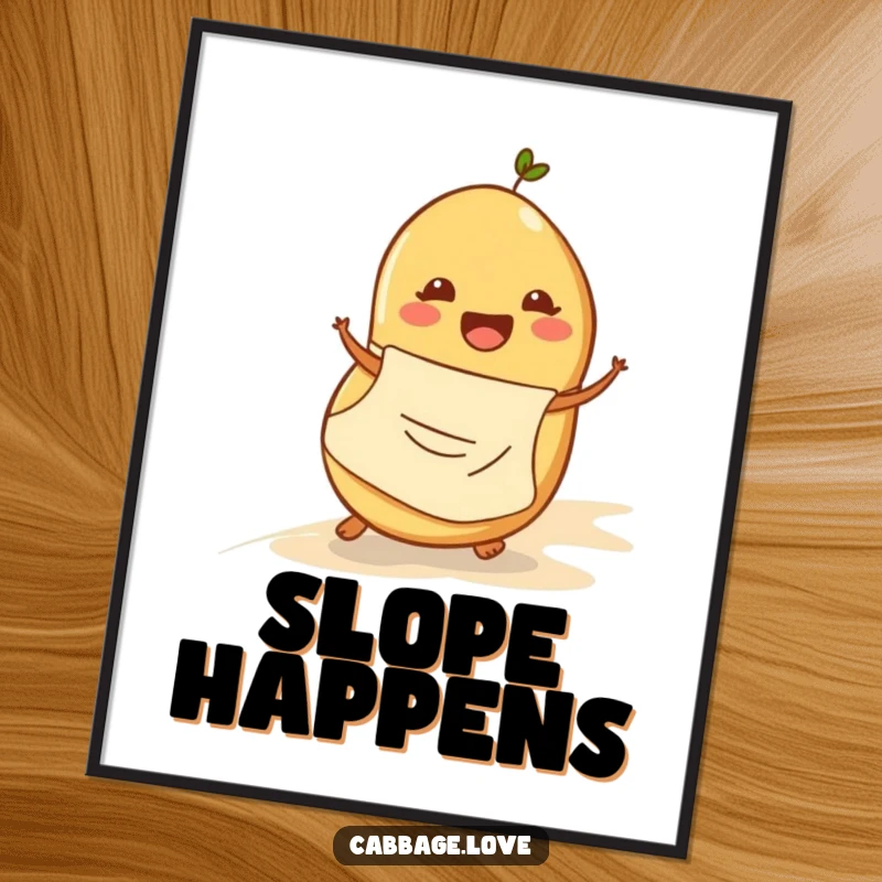 Funny poster artwork of a cheerful potato in an apron rolling down a gentle slope, creating a humorous and lighthearted visual.
