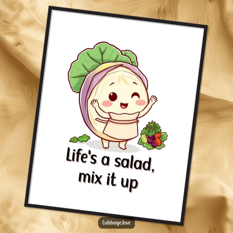 Funny Free Printable Wall Art: a smiling cabbage character wearing an apron, merrily tossing a fresh salad, bringing kitchen cheer.
