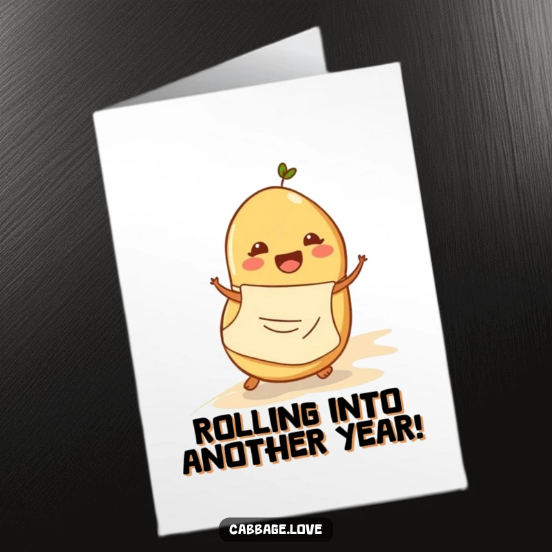 Funny Free Printable Birthday Card: Cheerful potato in apron rolling down hill, spreading joy and birthday cheer. A rolling good time!