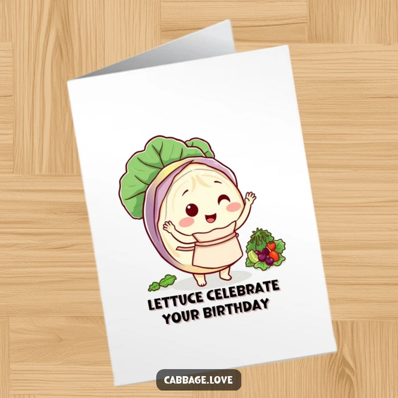Funny Free Printable Birthday Card: a round cabbage character in an apron, joyfully tossing a fresh salad with a smile.