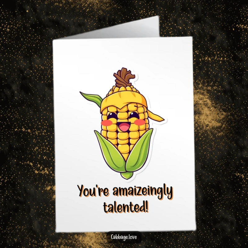 Funny Free Printable Congrats Card: Happy corn cob in yellow bandana grinning widely, celebrating success and achievements with a joyful, corny spirit.