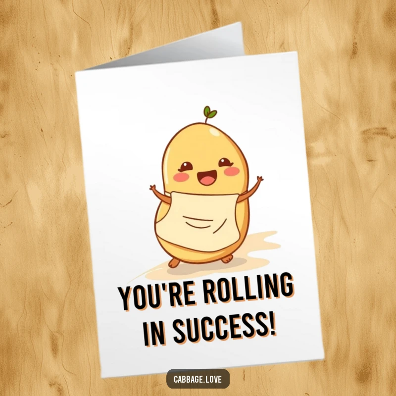 Funny Free Printable Congrats Card: Cheerful potato in apron rolling down hill, celebrating success and achievements with a happy vibe.