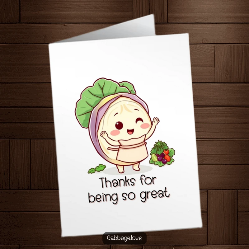Funny Free Printable Thank You Card: a round cabbage chef in an apron, happily tossing a delicious salad, conveying thanks.
