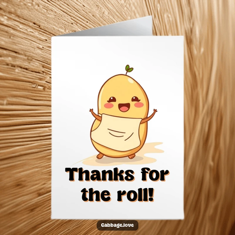 Funny Free Printable Thank You Card: Cheerful potato in apron rolling down hill, expressing heartfelt thanks with a playful attitude.