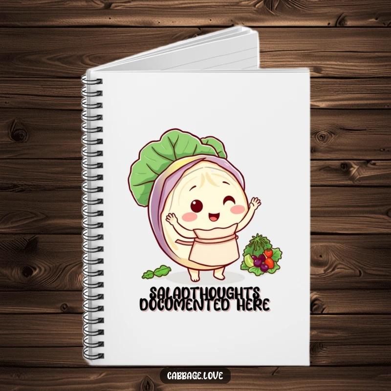 Funny notebook of a round cabbage character wearing a small apron, happily tossing a salad.