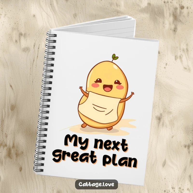 Funny notebook with a happy potato in an apron rolling down a slope, ideal for writing notes with a humorous touch.