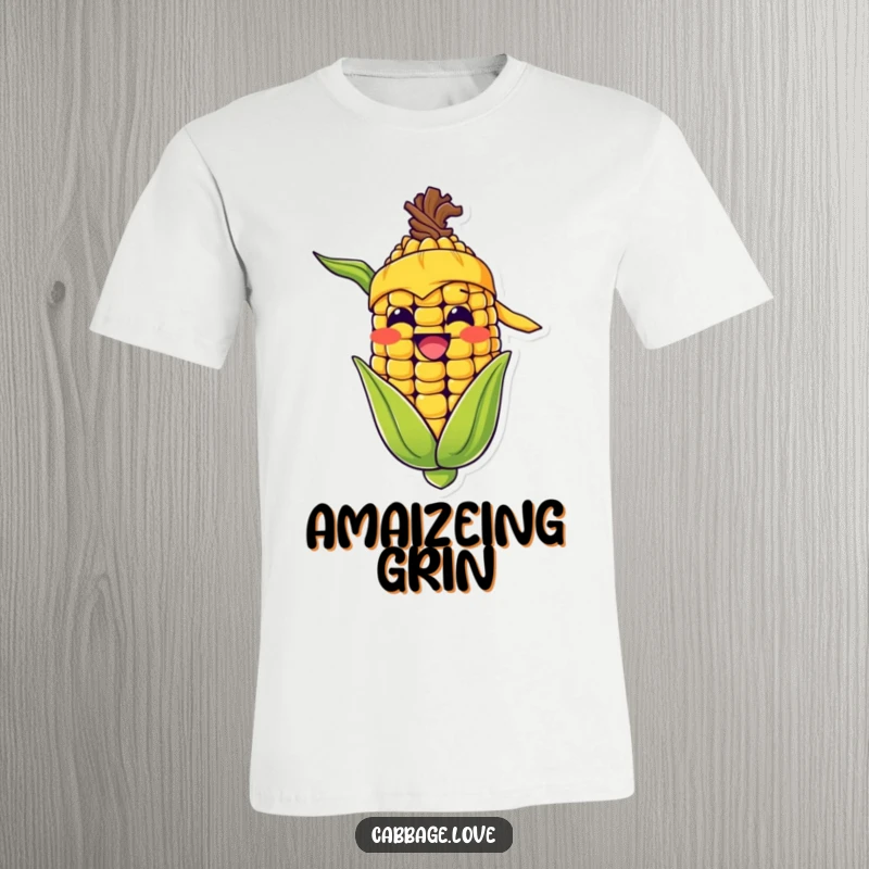 Funny t-shirt with a happy corn cob character wearing a yellow bandana and a wide grin, a comical veggie apparel.