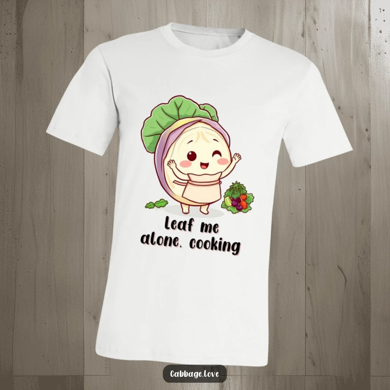 Funny t-shirt of a round cabbage character wearing an apron, joyfully tossing a salad.