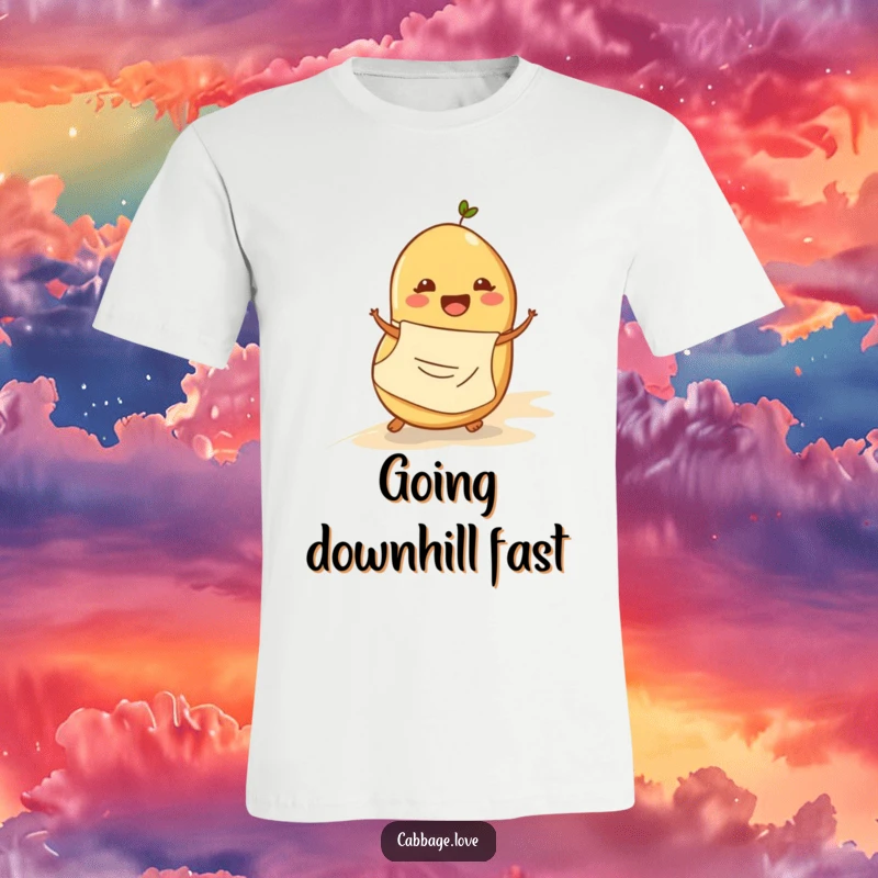 Funny t-shirt of a happy potato in an apron rolling down a slope, showcasing a comical veggie character perfect for laughs.