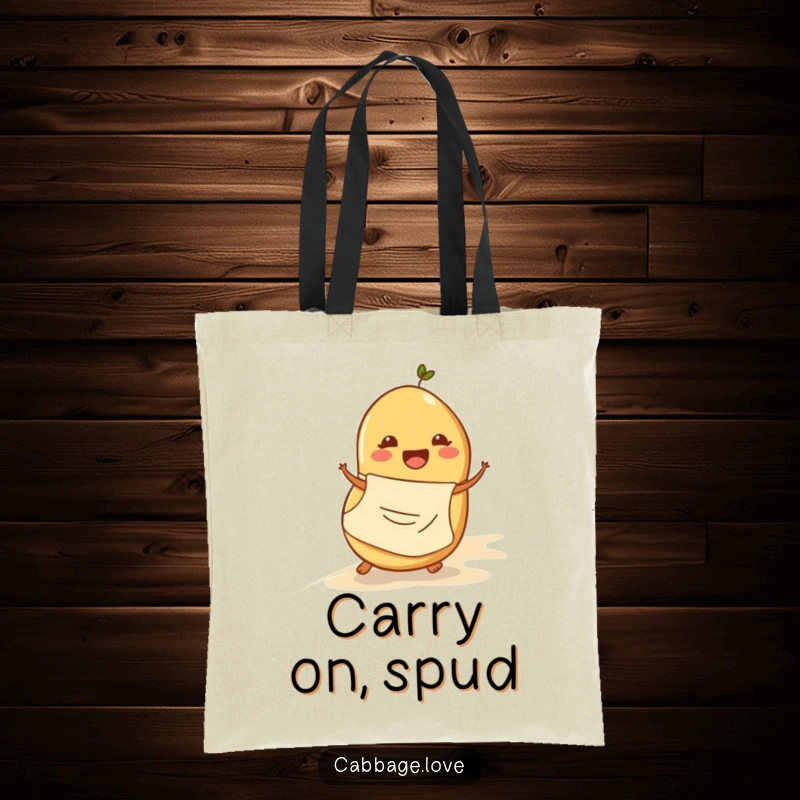 Funny tote bag with a happy potato in an apron rolling down a slope, a practical and humorous accessory for daily use.