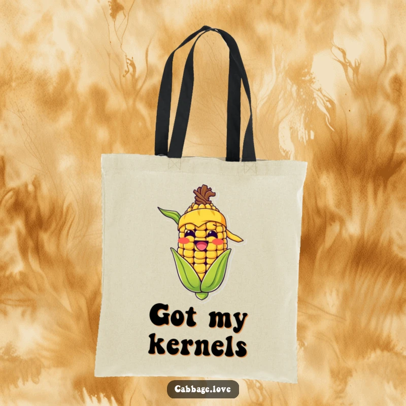 Funny tote bag with a happy corn cob character, yellow bandana, and wide grin, a humorous and practical accessory.